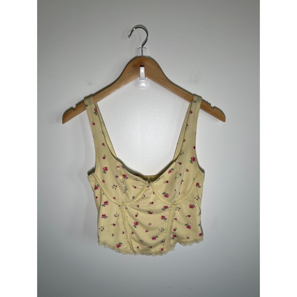 Babydoll Ren Fairy Regency Corset Style Womens Top XS Yellow Floral‎ Lace Trim